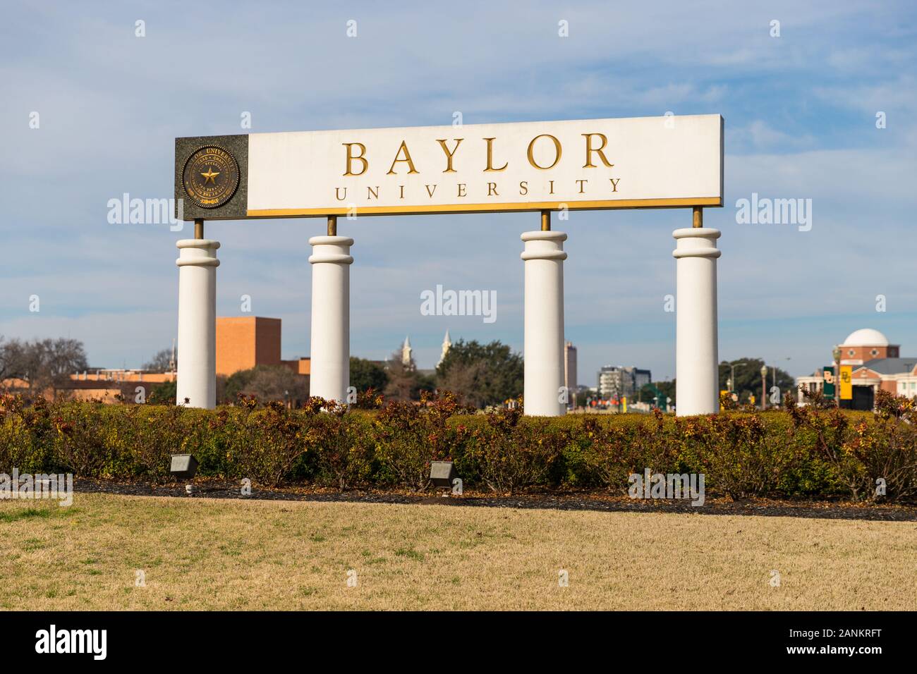 Waco, TX / USA - January 12, 2020: Baylor University Sign at the Entrance to Baylor University in Waco, Texas. Stock Photo