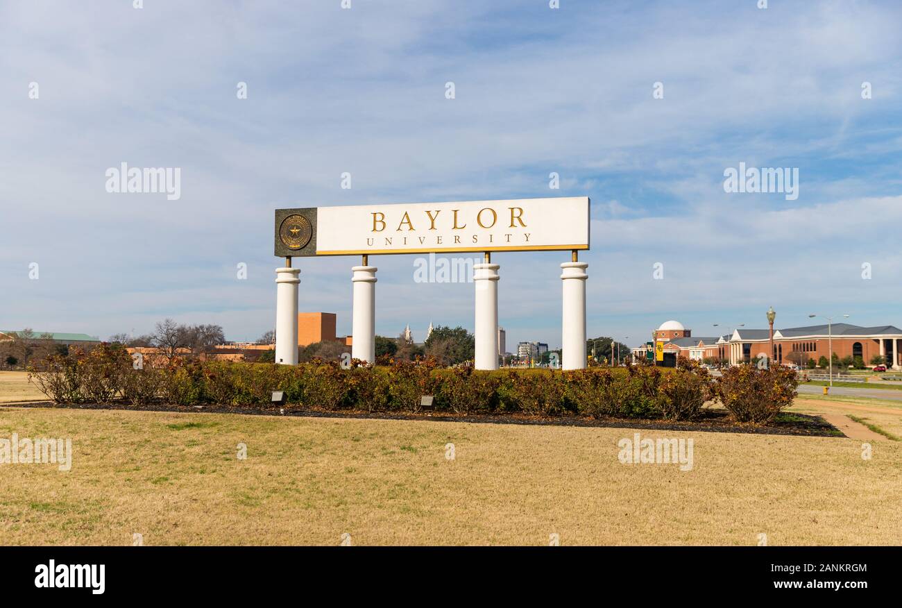 Waco, TX / USA - January 12, 2020: Baylor University Sign at the Entrance to Baylor University in Waco, Texas. Stock Photo