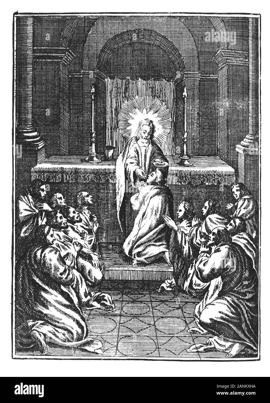 Antique vintage religious engraving or drawing of Jesus giving wafer to twelve praying men or apostles or disciples in church. Illustration from Book Die Betrubte Und noch Ihrem Beliebten..., Austrian Empire,1716. Artist is unknown. Stock Photo
