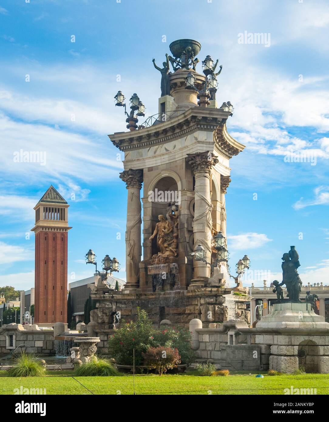 Statues and Fountain at Plaza de Espana, in Barcelona Spain Stock Photo