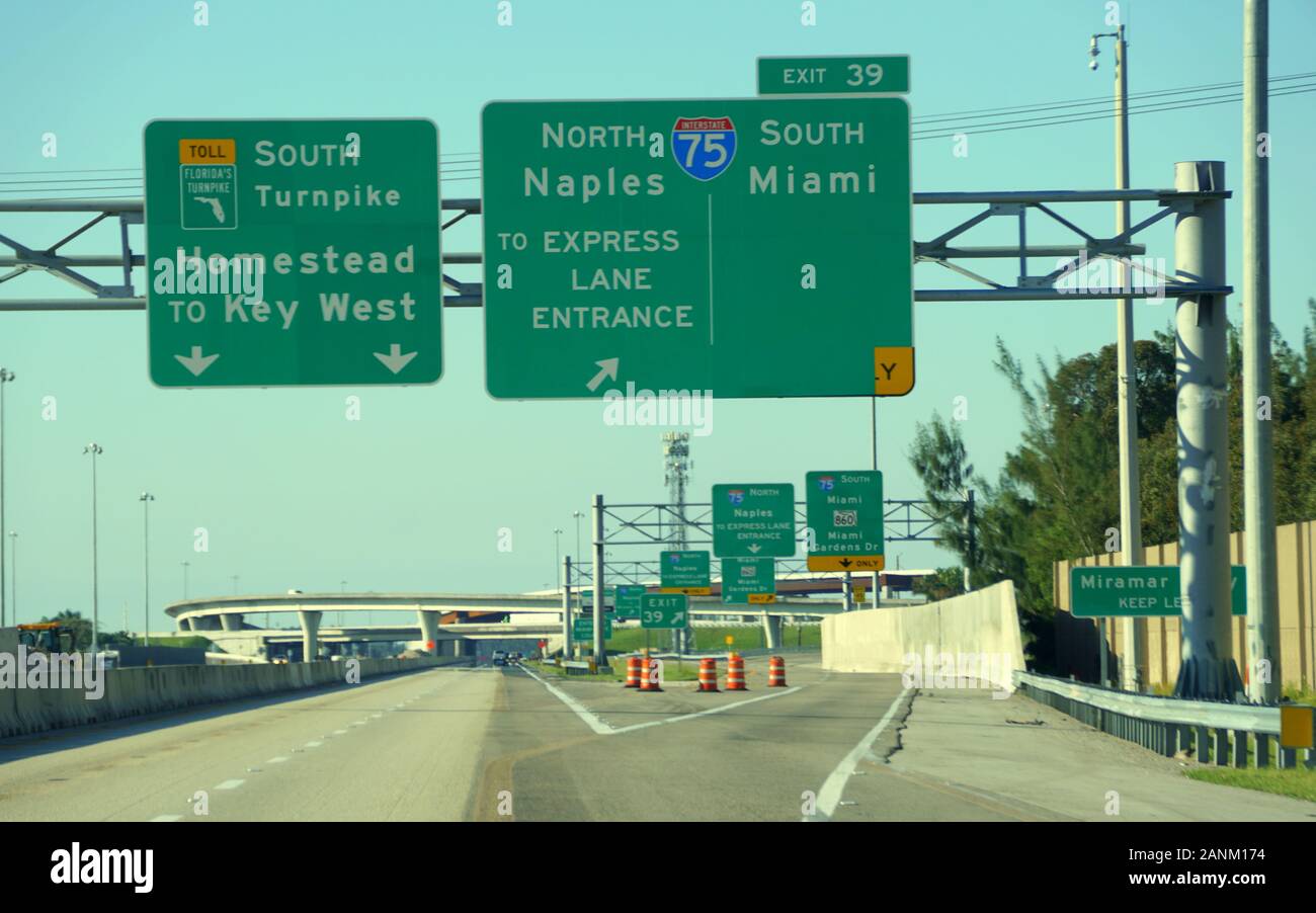 Everglades, FL, U.S.A - January 3, 2020 - The view of the exit into South Florida Turnpike and I-95 North to Naples and I-95 South to Miami Stock Photo