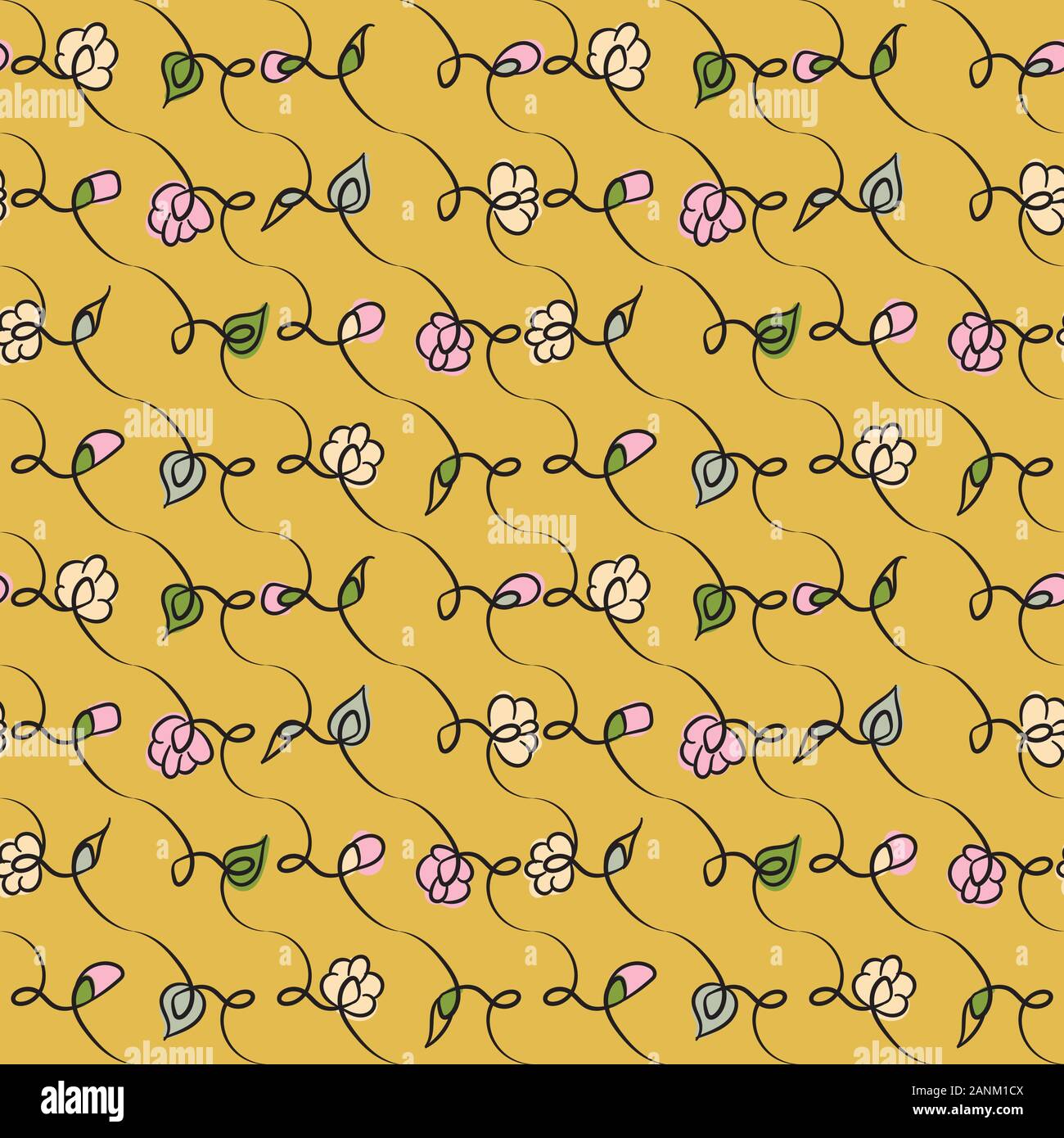 doodle spring flowers on a vibrant yellow background seamless vector ...