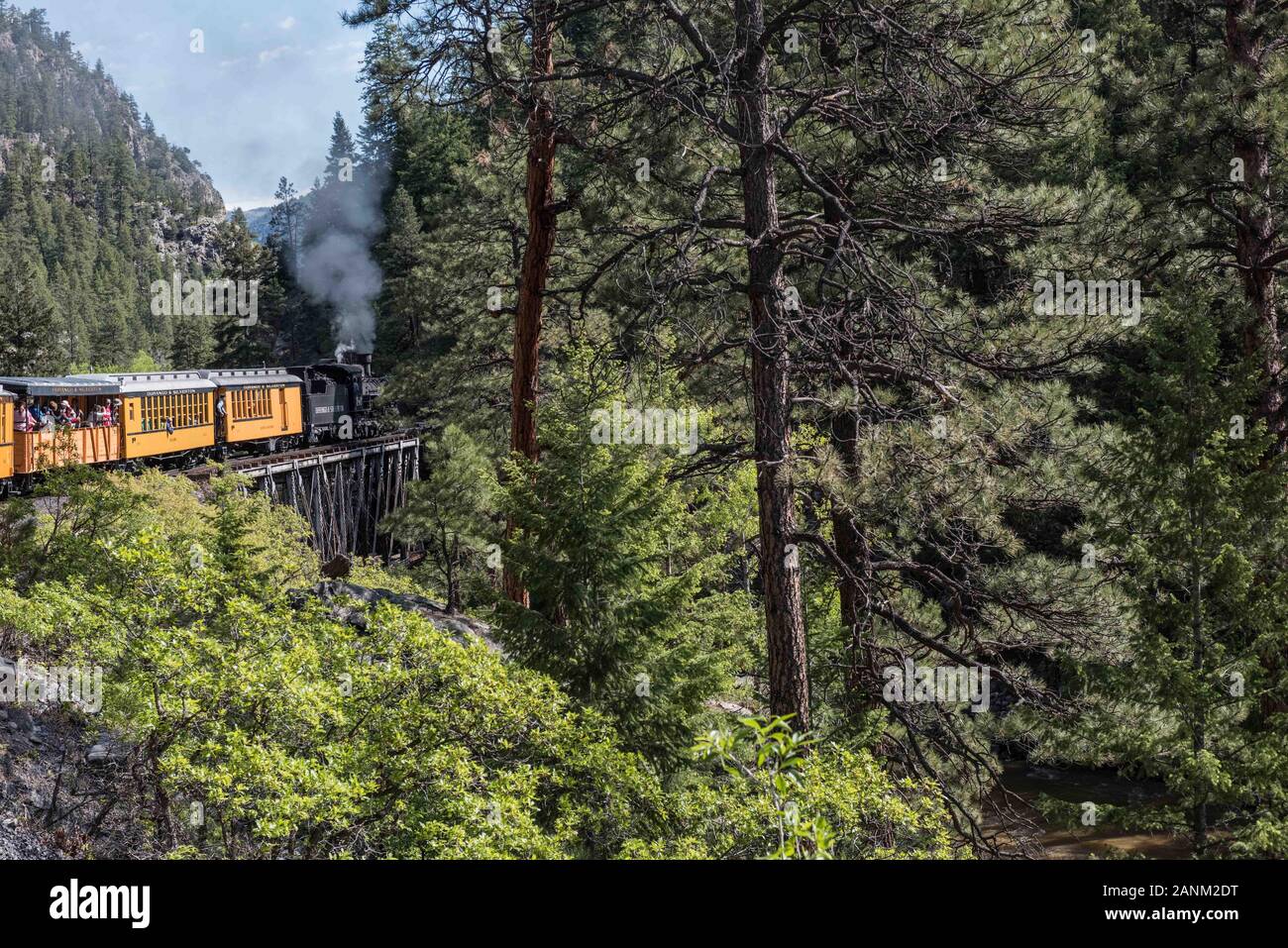 A  Durango & Silverton Narrow Gauge Railroad (D&SNG) train proceeds along the rocky Highline ridge high above the Animas River Valley in La Plata County, Colorado Physical description: 1 photographÂ : digital, tiff file, color.  Notes: The D&SNG is a narrow-gauge railroad that operates 45.2 miles of track between Durango and Silverton in southwest Colorado. The route was originally opened in 1882 by the Denver & Rio Grande Railway to transport silver and gold ore mined from the San Juan Mountains. The line has run continuously since 1881, and some rolling stock dates to then. It Stock Photo