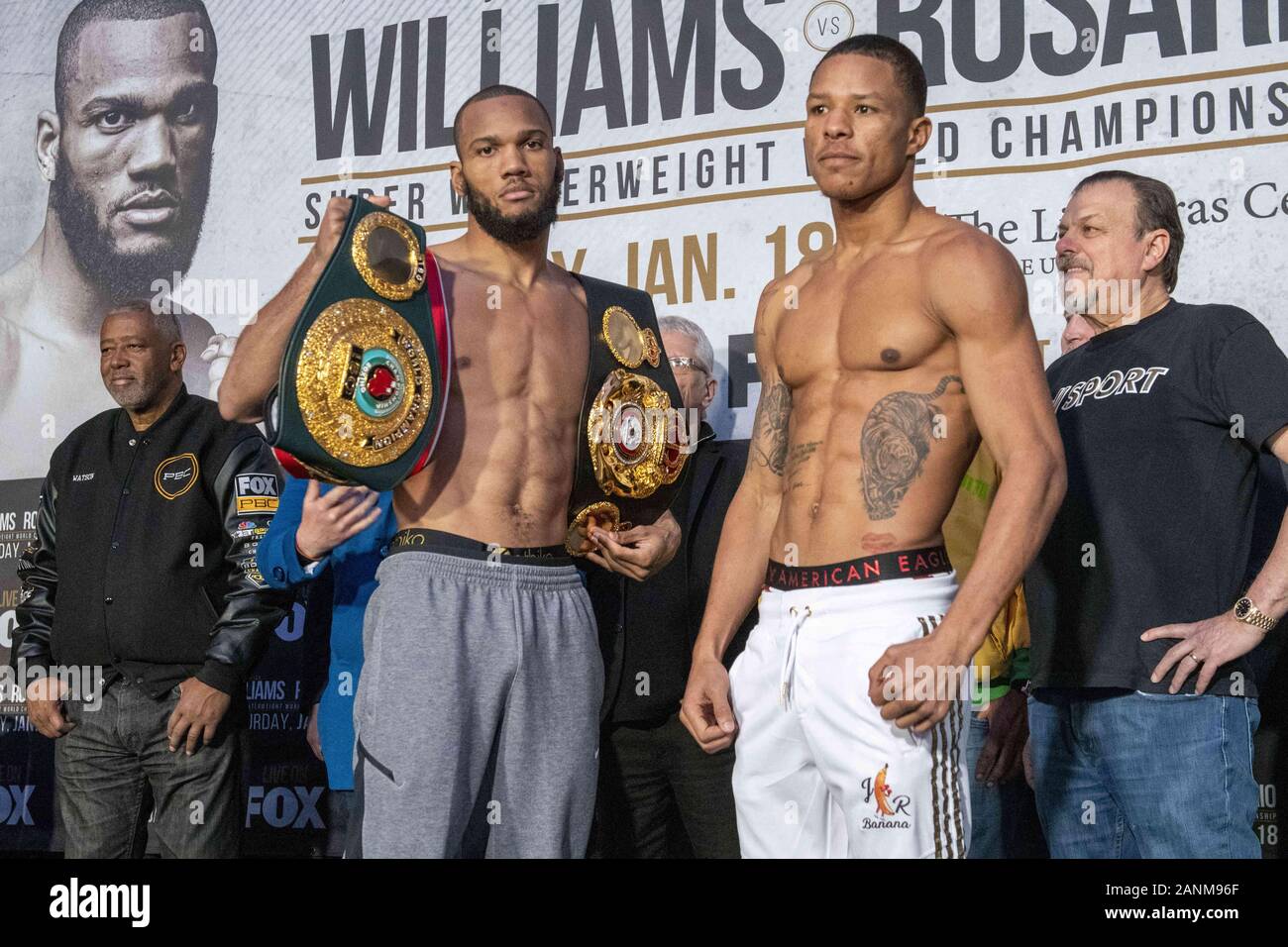 Philadelphia, Pennsylvania, USA. 17th Jan, 2020. Boxing WBA, IBF, super  welterweight champion, JULIAN WILLIAMS, and challenger, JEISON ROSARIO,  stare down at the premier boxing champions pre fight weigh- in held at the