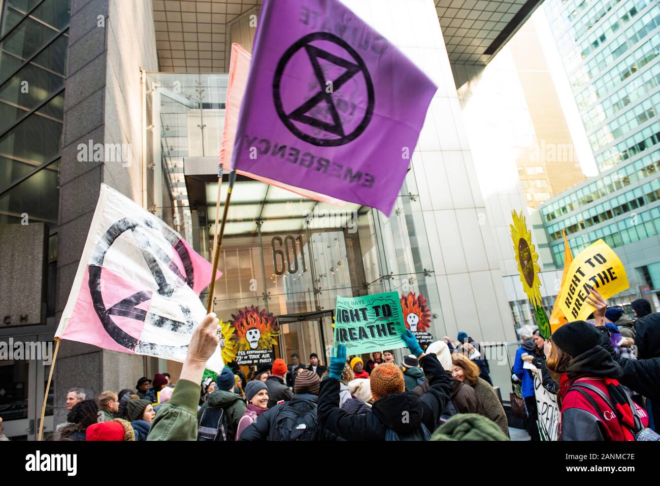 New York, NY / USA. Members from Philadelphia organiztion, Philly Thrive, protested today's auction of the PES Refinery at Kirkland & Ellis LLP legal Stock Photo
