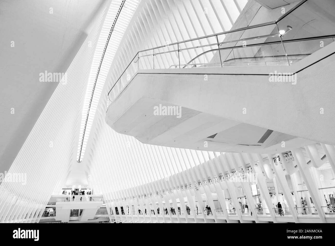 Black and White image of the Oculus, a memorial built after the destruction of the twin towers on 9/11. Stock Photo