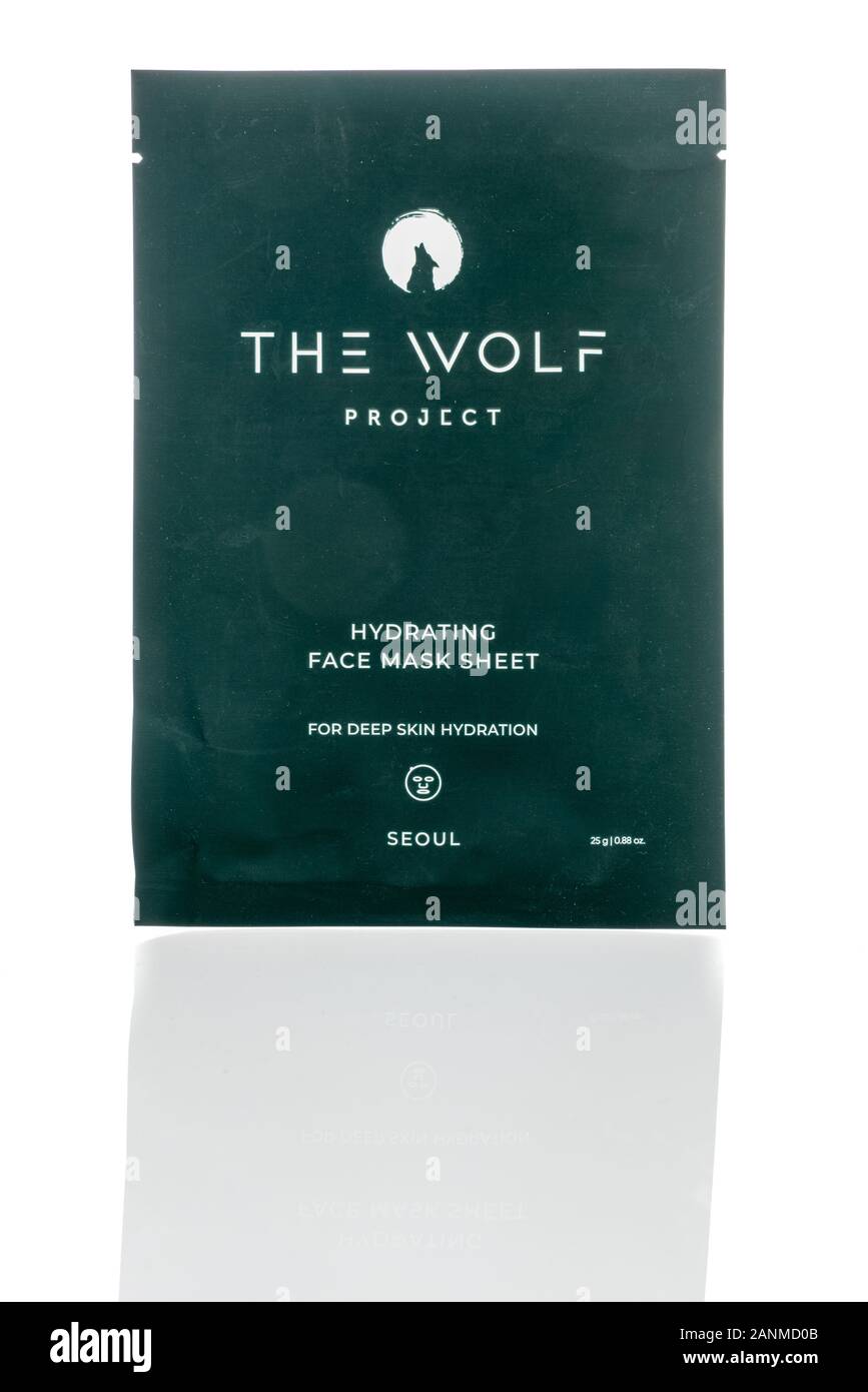Winneconne, WI - 24 December 2019 : A package of The wolf project hydrating face mask sheet on an isolated background Stock Photo