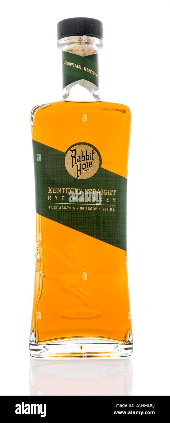 Winneconne, WI - 24 December 2019 : A bottle of Rabbit Hole Kentucky straight rye whiskey on an isolated background Stock Photo