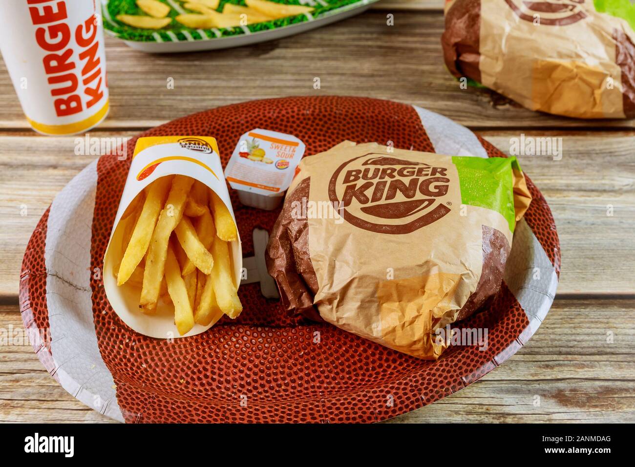 17 January 2020 Chicago Il Burger King Set French Fries And Cola Drink For Watching A Football Game Super Bowl Day Party On Wooden Table Stock Photo Alamy