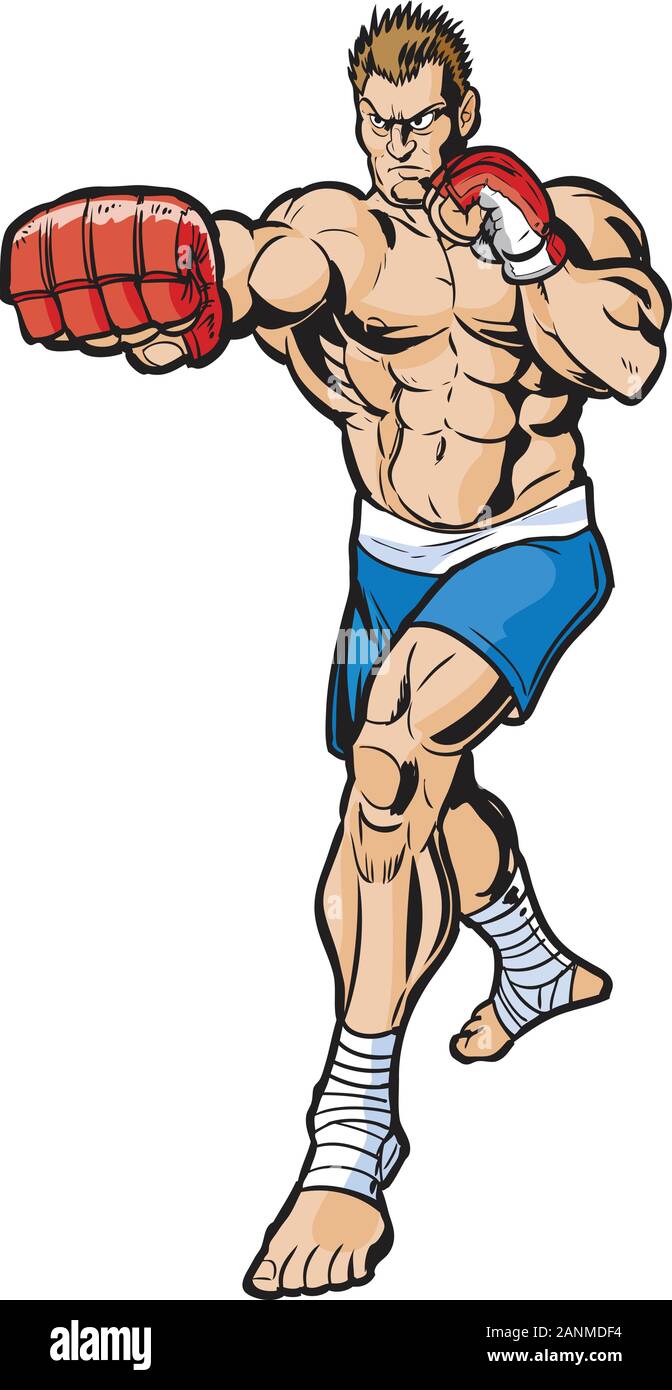Vector cartoon clip art illustration of a tough mean caucasian mma fighter throwing a right cross punch toward the viewer. Drawn in a comic book style Stock Vector