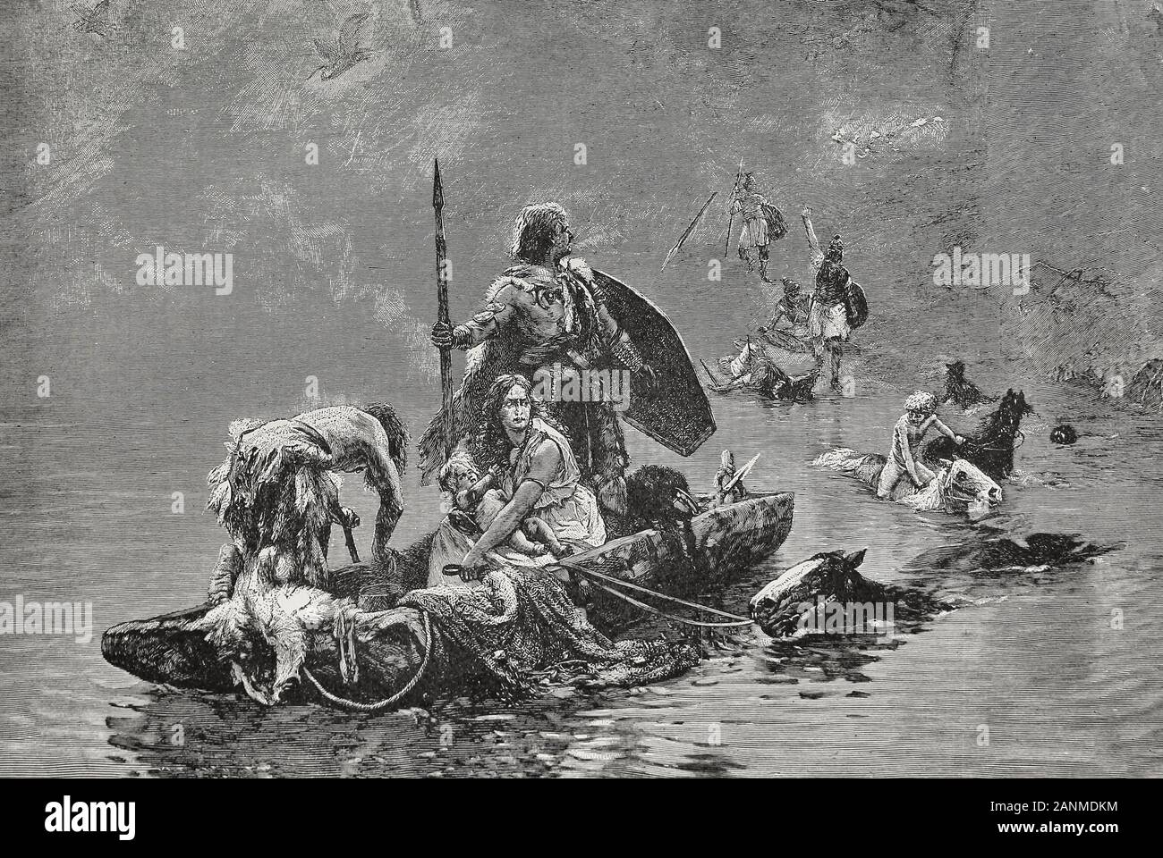 Gauls fleeing before the Roman Advance - Bituit and his people are conquered by the Romans Stock Photo