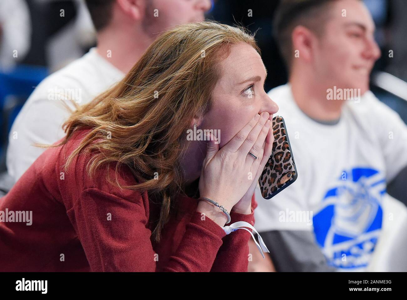 Jan 17, 2020: A Dayton fan watches her with concern as her team takes a free throw trying to take the lead late in the second half during an Atlantic 10 conference game where the Dayton Flyers visited the St. Louis Billikens. Held at Chaifetz Arena in St. Louis, MO Richard Ulreich/CSM Stock Photo