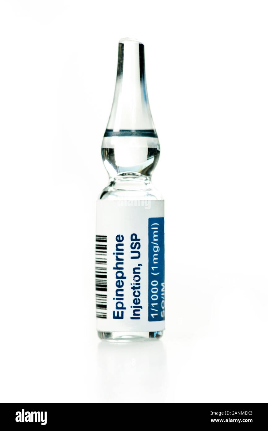 Epinephrine injection solution in clear1 ml ampule isloated on white. Stock Photo