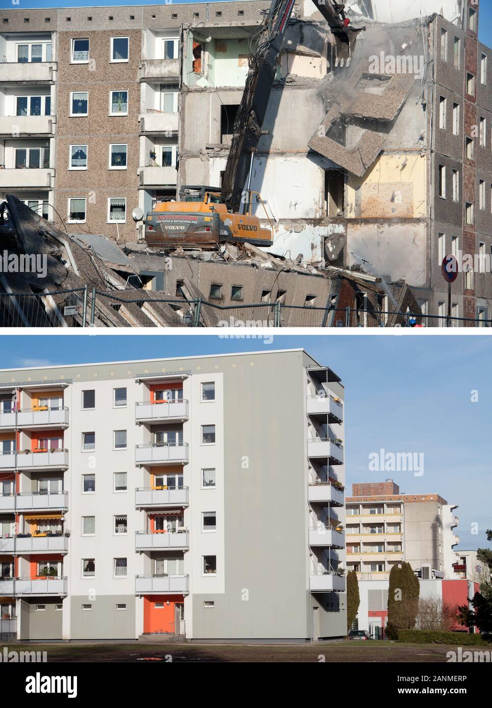 Stralsund, Germany. 17th Jan, 2020. KOMBO - On 28.11.2011, an excavator demolishes a panel building from GDR times in the Knieper West residential area of Stralsund. The block behind it has been redeveloped today (photo below) for 'dpa survey: Stadtumbau Ost - Where do we stand 30 years after reunification? Credit: Stefan Sauer/dpa-Zentralbild/ZB/dpa/Alamy Live News Stock Photo