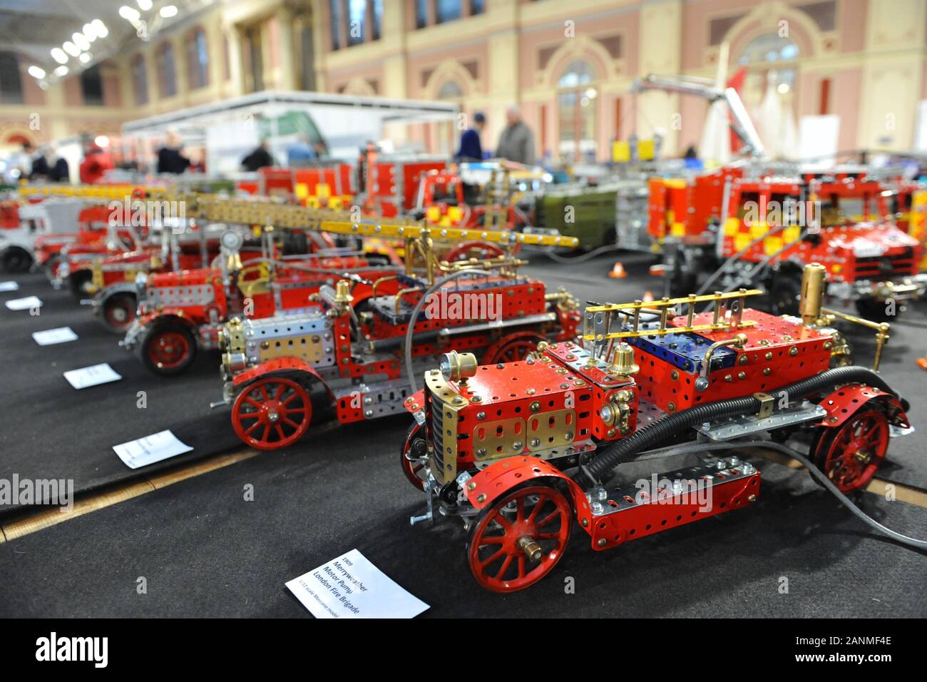 Meccano models on display on the opening day of the London Model Engineering Exhibition opened today at Alexandra Palace, London.  The models are part of the collection of Warwick District Councillor and retired chartered Mechanical Engineer George Illingworth who is displaying 30 of his hand-built large 1/12 scale Meccano Fire Engines from his 60+ magnificent collection.  The show is one of the largest modelling exhibitions in the UK, blending the full spectrum of model creation from traditional model engineering, steam locomotives and traction engines through to more modern gadgets and ‘boys Stock Photo