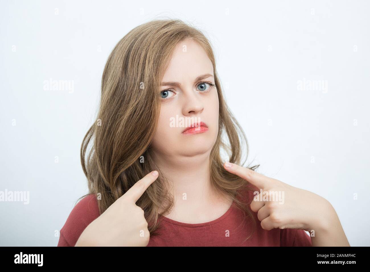 Young caucasian woman girl with double chin Stock Photo