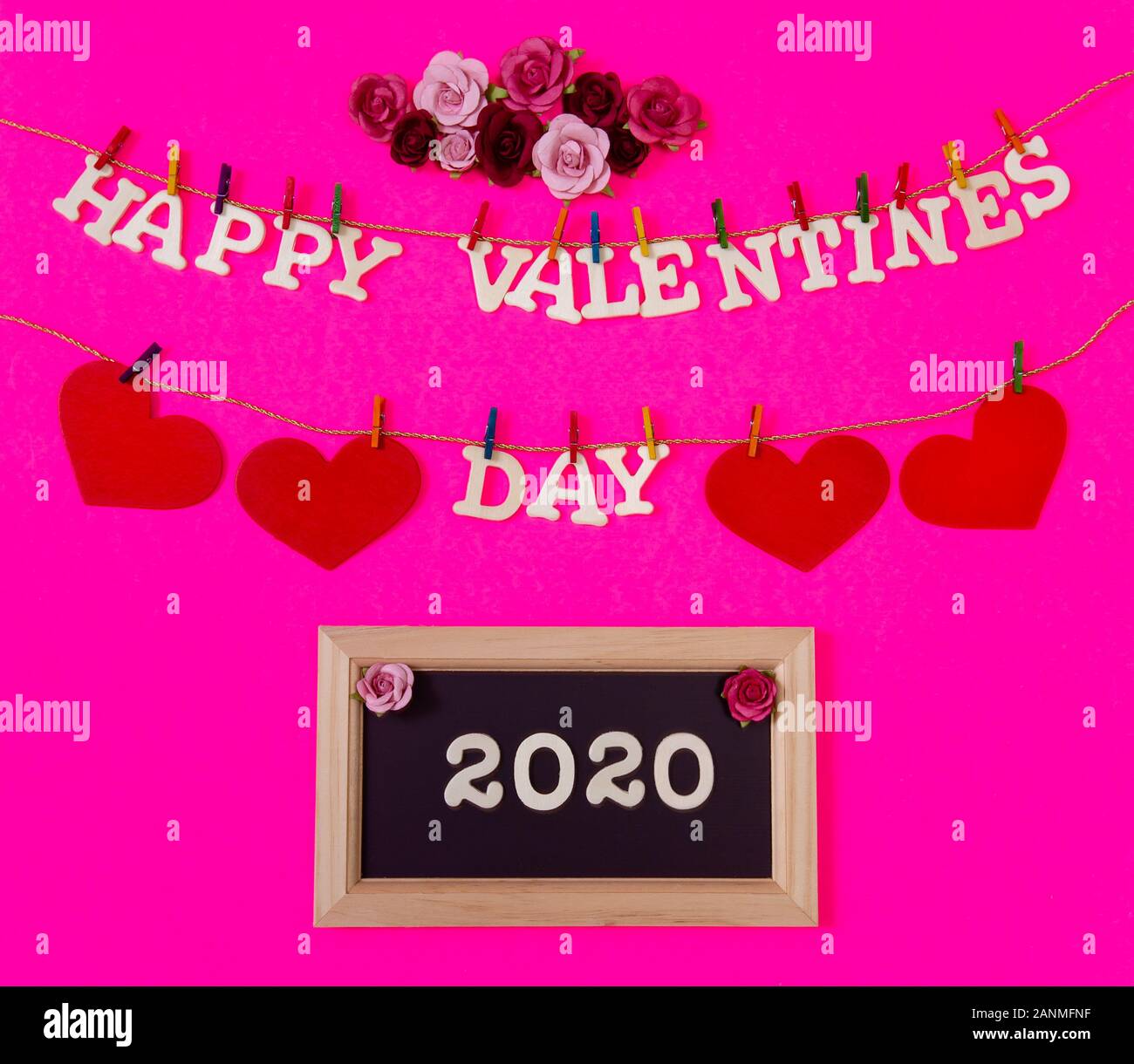 Happy Valentines Day With Red Hearts And Flowers On A Pink Background 2020 Stock Photo Alamy