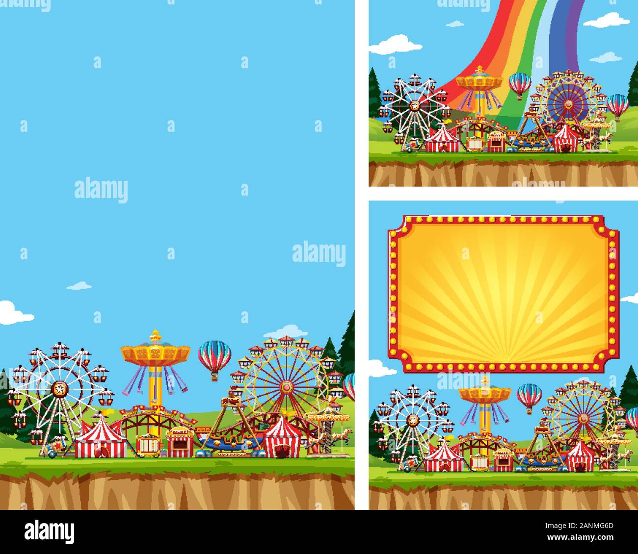 Three scenes fo circus with many rides illustration Stock Vector Image ...