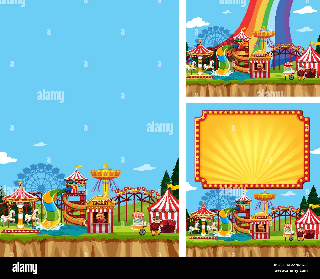 Three scenes of circus with many rides illustration Stock Vector Image ...