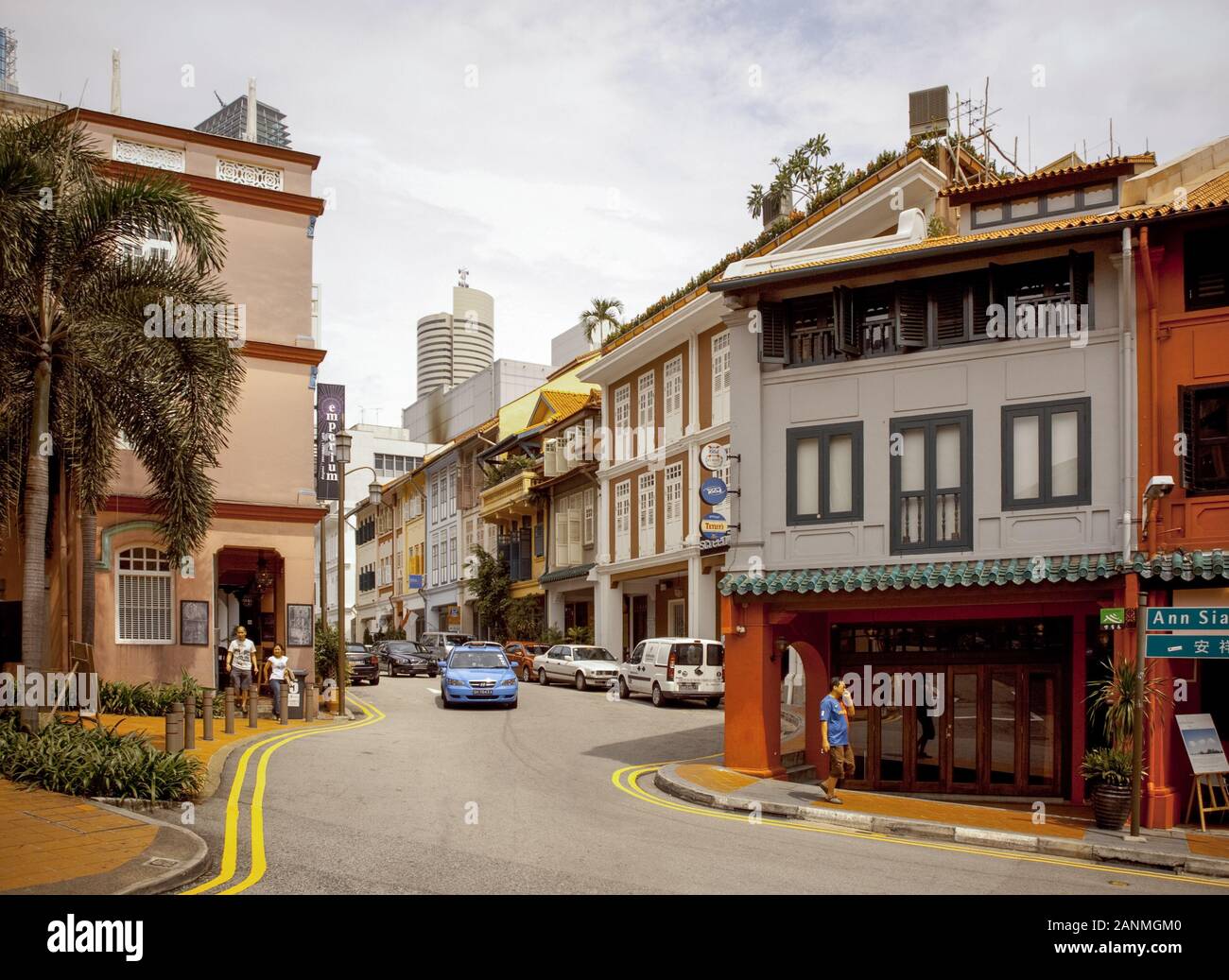 A view of the shophouses on Ann Siang Hill (right) and Ann Siang Road (left) as seen from Club Street in Chinatown, Singapore. Stock Photo