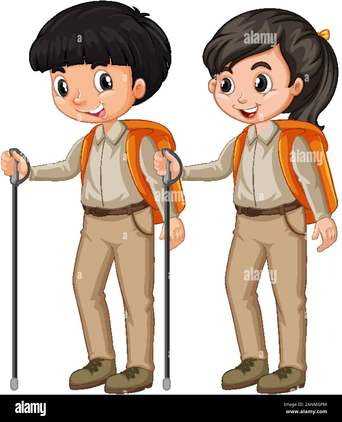 Boy and girl in scout outfit hiking on white background illustration ...