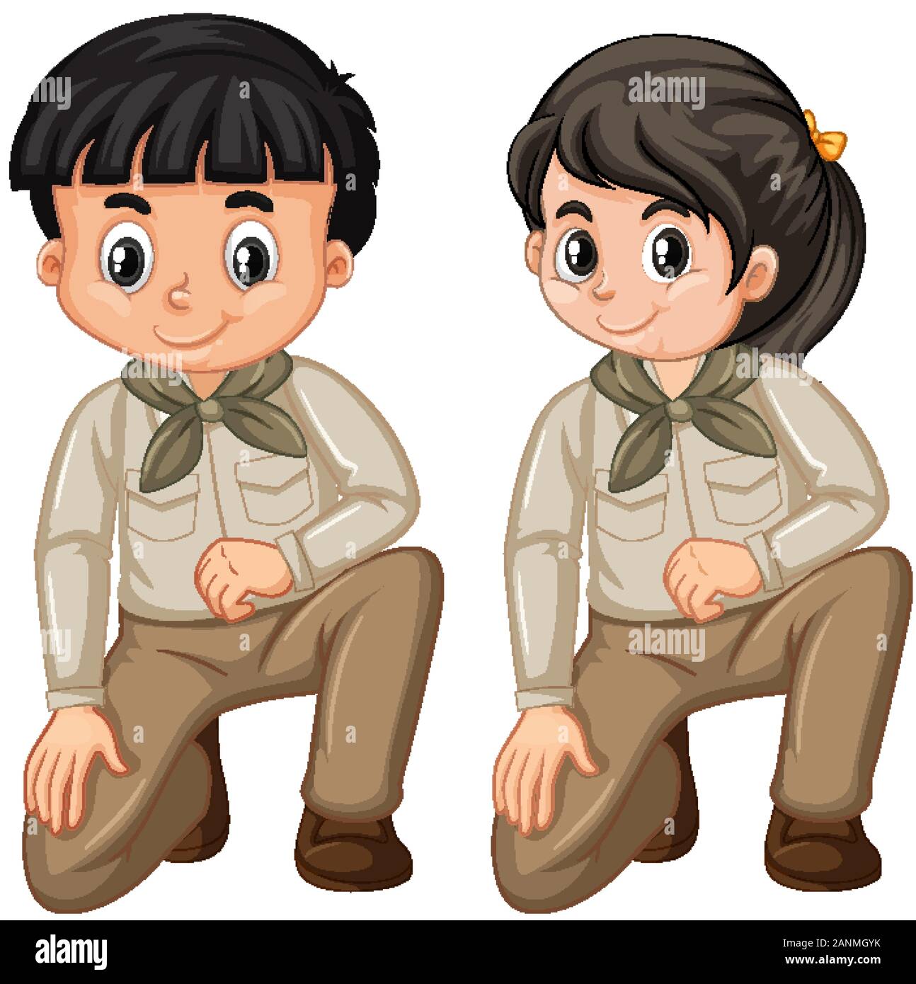 Boy and girl in scout uniform on white background illustration Stock ...