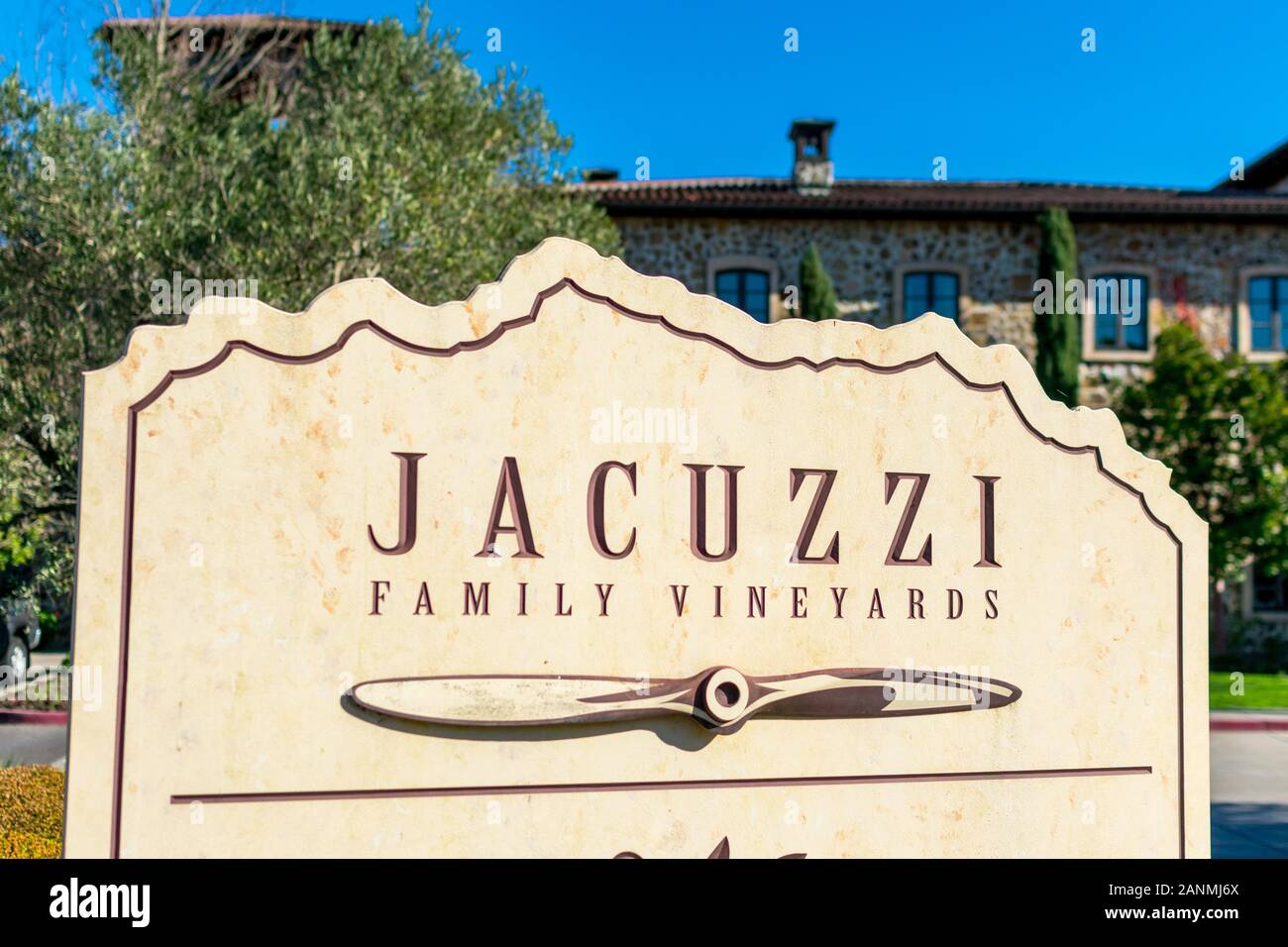 Jacuzzi Family Vineyards signpost advertises the winery in Sonoma Valley Wine Country Stock Photo