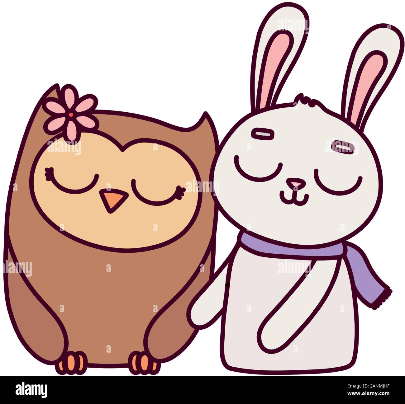 cute animals rabbit with scarf and owl with flower cartoon vector ...