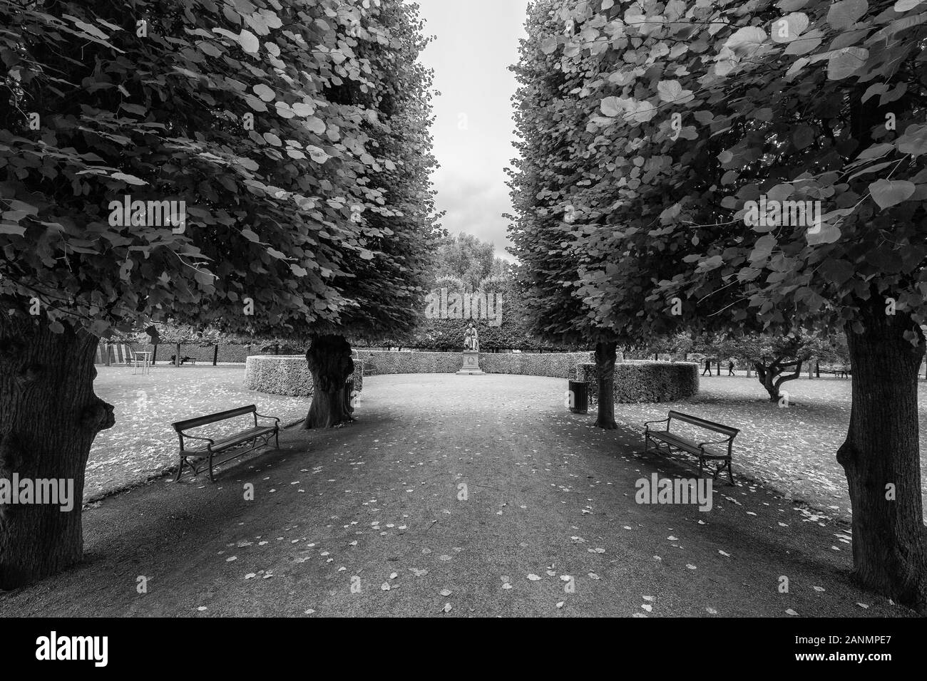 Beautiful black and white view of trees and statue in the Rosenborg Castle Gardens. Stock Photo