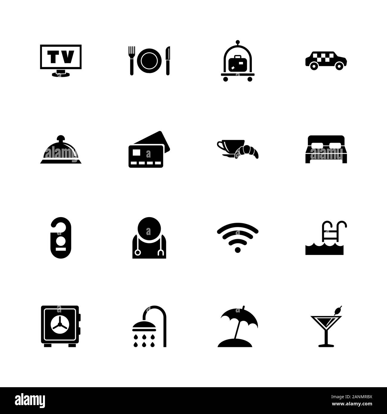 Hotel icons - Expand to any size - Change to any colour. Flat Vector Icons - Black Illustration on White Background. Stock Vector