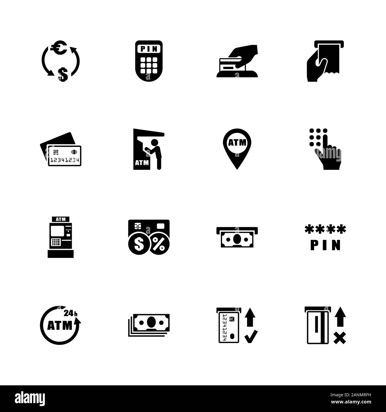 Atm icons - Expand to any size - Change to any colour. Flat Vector Icons - Black Illustration on White Background. Stock Vector