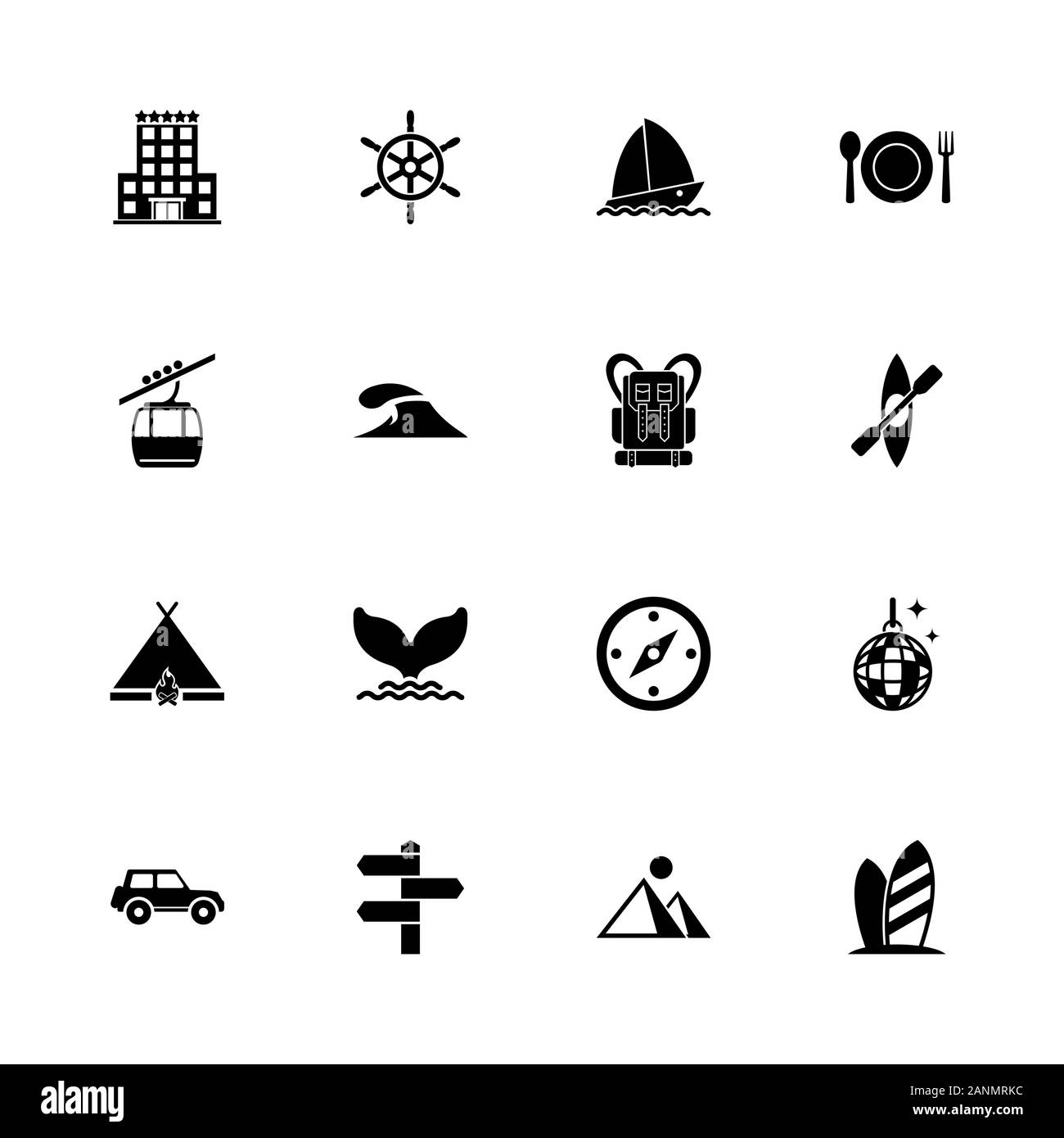 Vacation icons - Expand to any size - Change to any colour. Flat Vector Icons - Black Illustration on White Background. Stock Vector