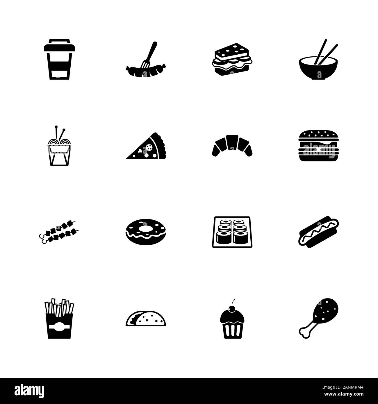 Fast Food icons - Expand to any size - Change to any colour. Flat Vector Icons - Black Illustration on White Background. Stock Vector