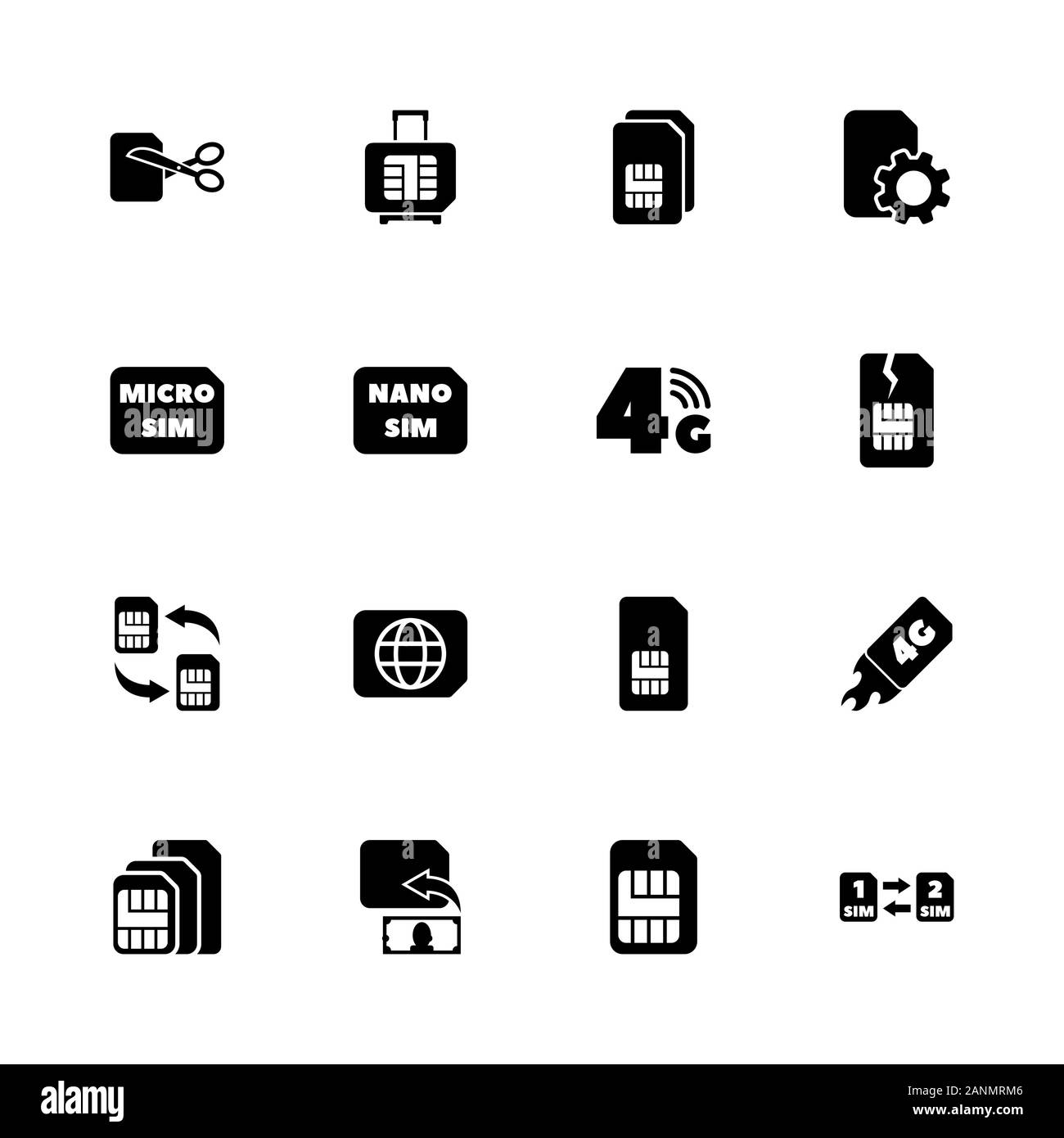 Sim Cards icons - Expand to any size - Change to any colour. Flat Vector Icons - Black Illustration on White Background. Stock Vector