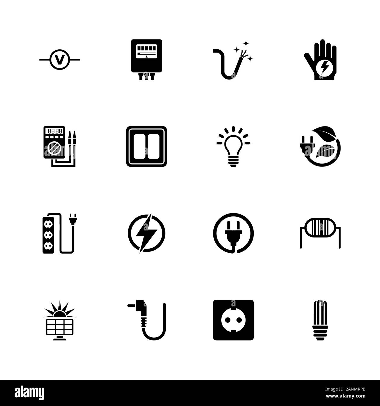 Electricity icons - Expand to any size - Change to any colour. Flat Vector Icons - Black Illustration on White Background. Stock Vector