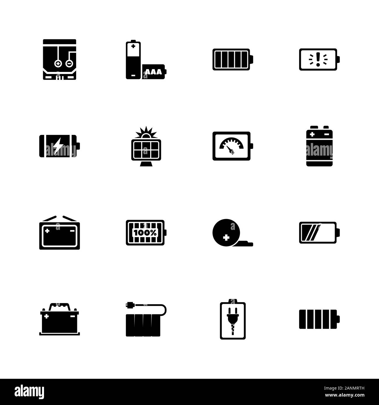 Battery icons - Expand to any size - Change to any colour. Flat Vector Icons - Black Illustration on White Background. Stock Vector