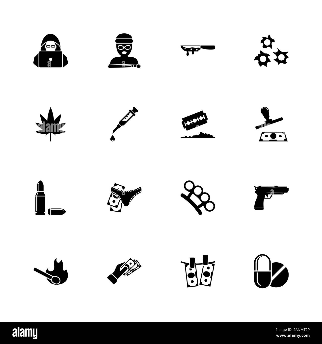 Crime icons - Expand to any size - Change to any colour. Flat Vector Icons - Black Illustration on White Background. Stock Vector