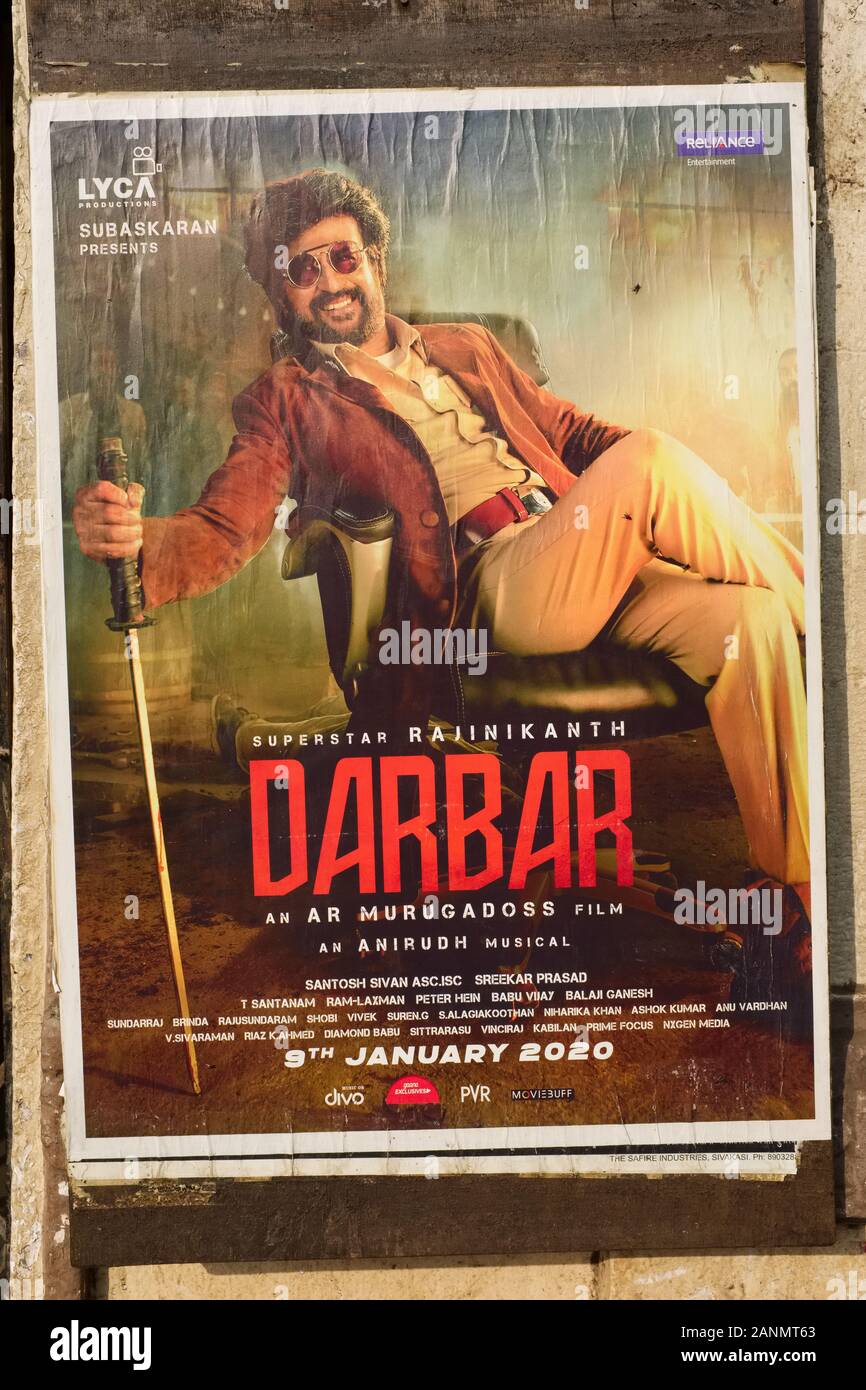 Film poster of Tamil-language action thriller 'Darbar' (2020) with Tamil superstar Rajnikanth in the main role; Mumbai, India Stock Photo