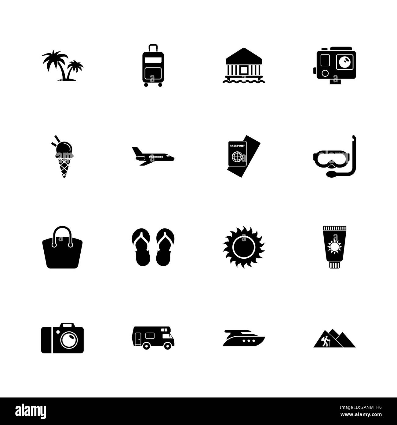 Tourism icons - Expand to any size - Change to any colour. Flat Vector Icons - Black Illustration on White Background. Stock Vector