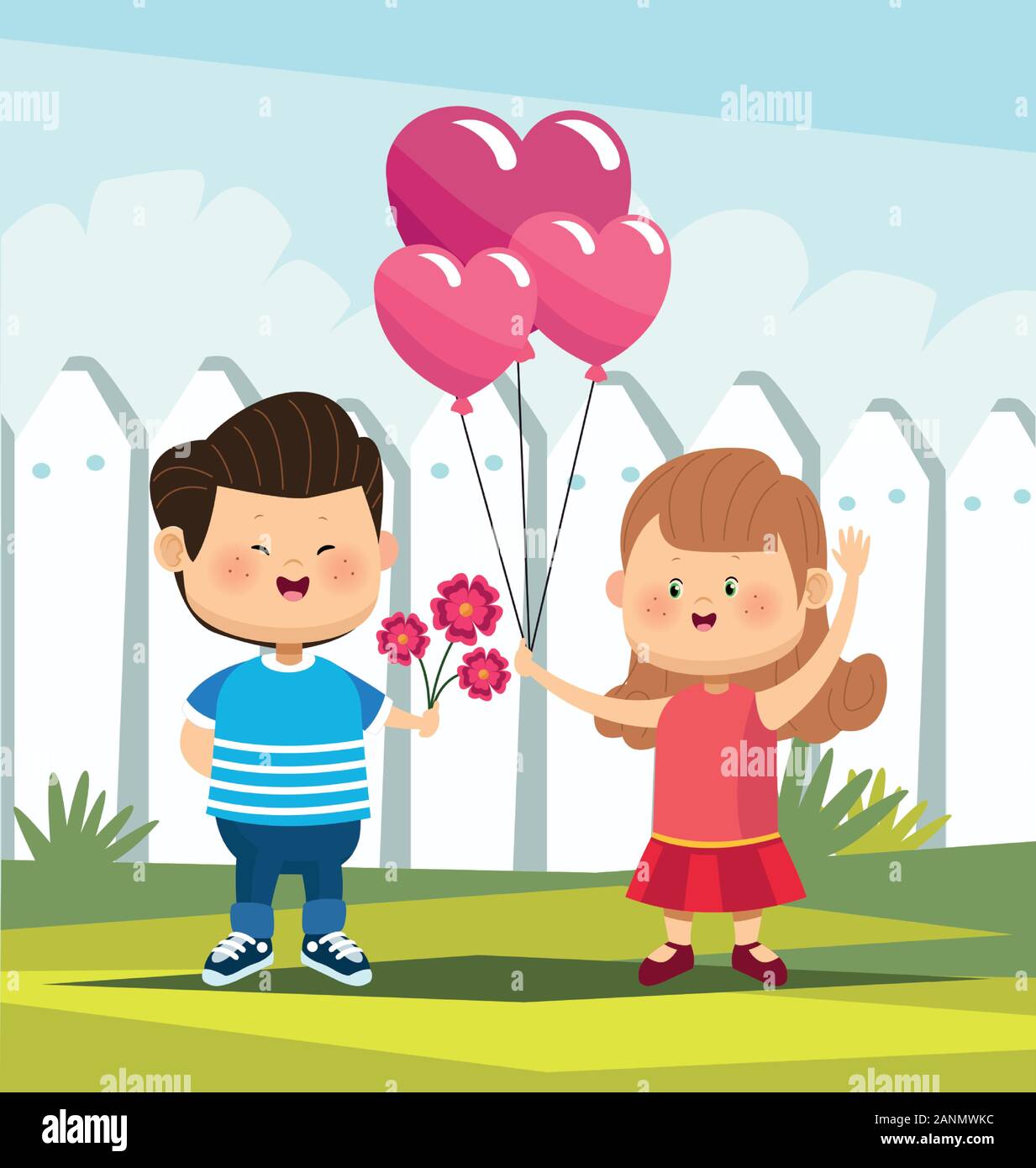 cute boy with flowers and boy in love with hearts ballons Stock Vector ...
