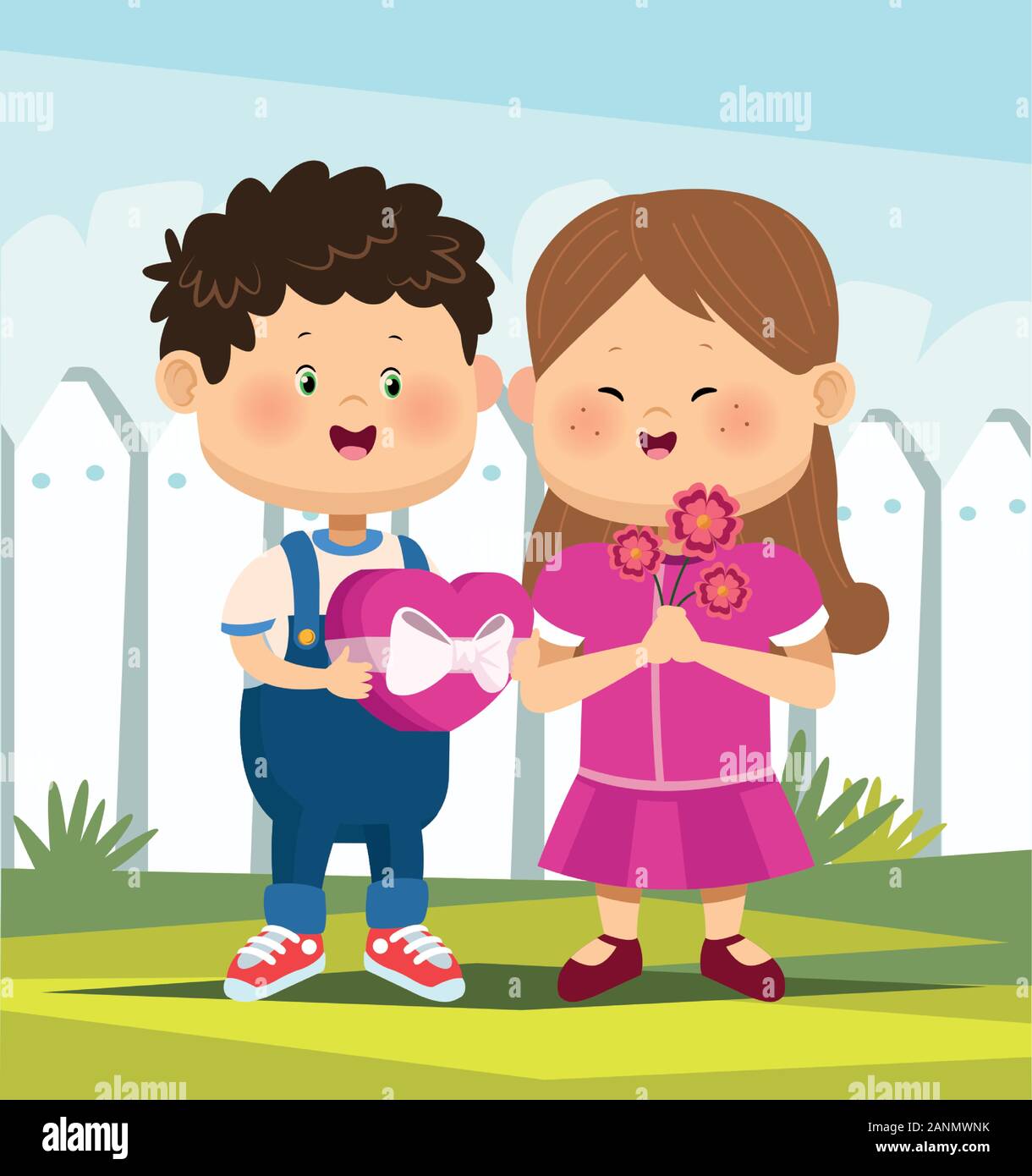 Cartoon Boy And Girl In Love With Chocolates Box And Flowers Stock Vector Image Art Alamy
