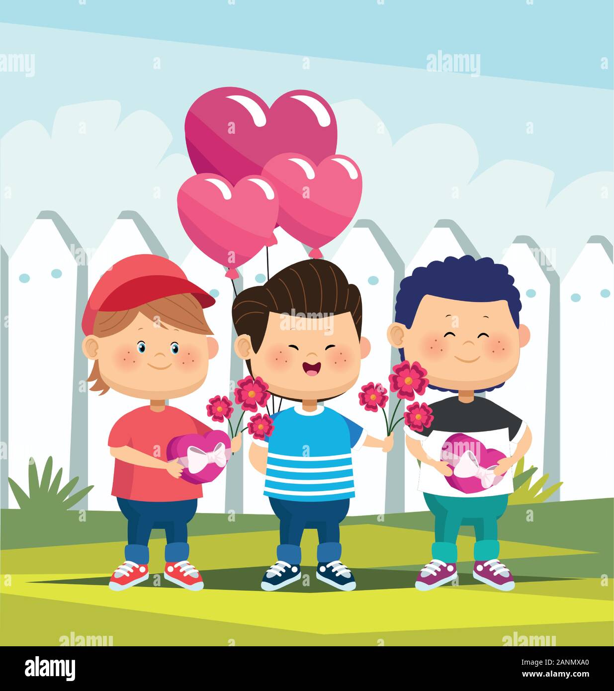 cute boys with flowers and heart ballons, colorful design Stock Vector ...
