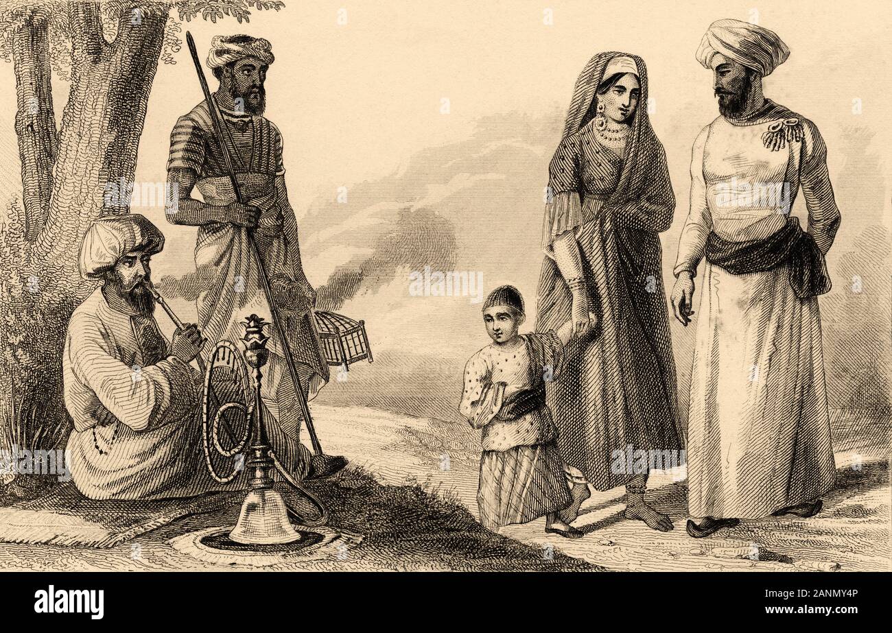 Persian men smoking the narguile and perses de bombay. Near Isfahan. Iran. Old steel engraved antique print. Published in L'Univers La Perse, in 1841. Stock Photo