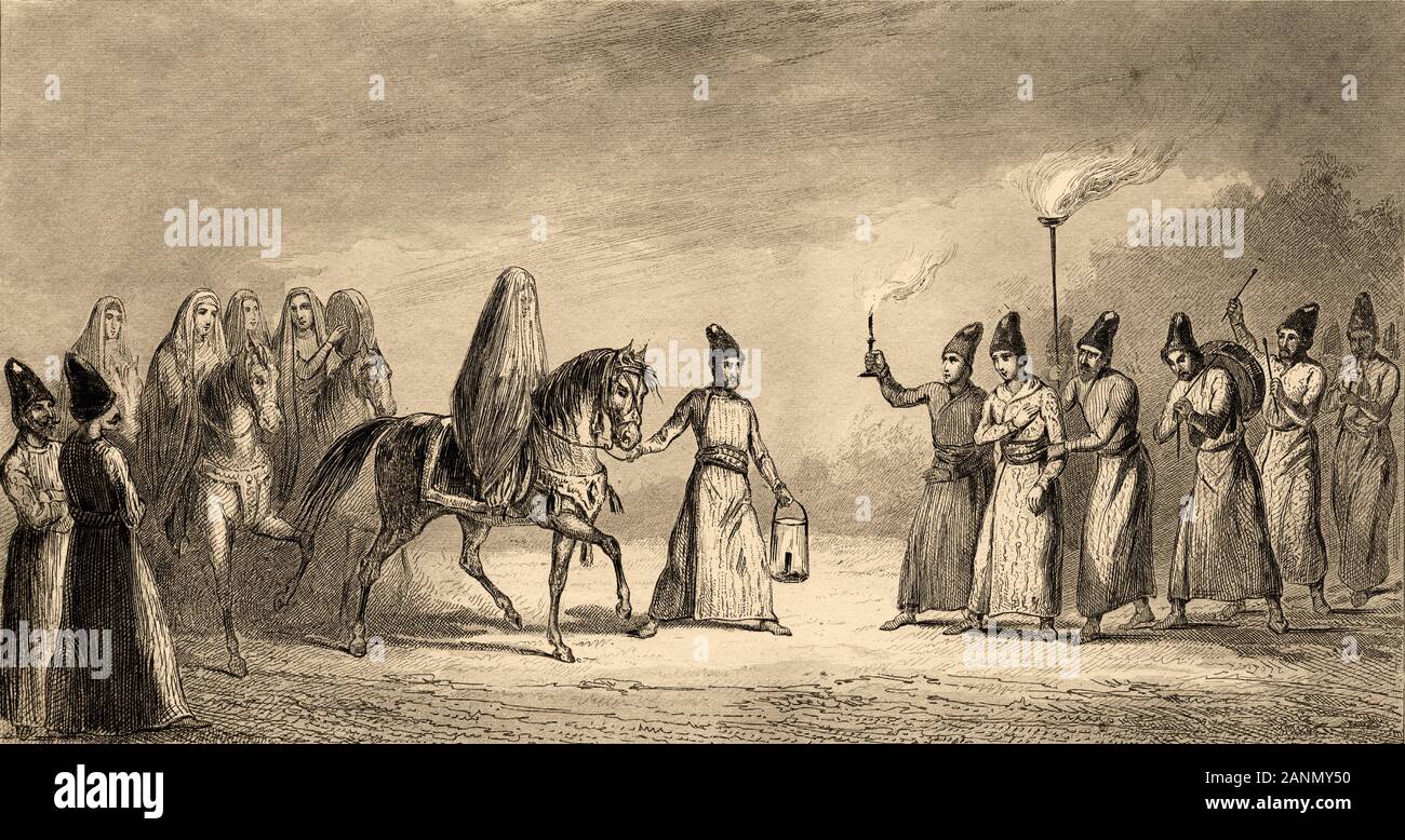 Bride conducted before his spouse. Iran. Old steel engraved antique print. Published in L'Univers La Perse, in 1841. History of the ancient Persian em Stock Photo
