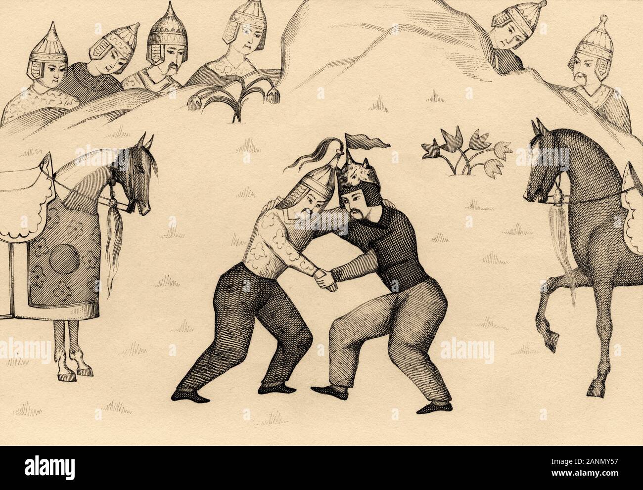 Men fighting melee. Baysonghori Manuscript of the Shahnameh. Iran. Old