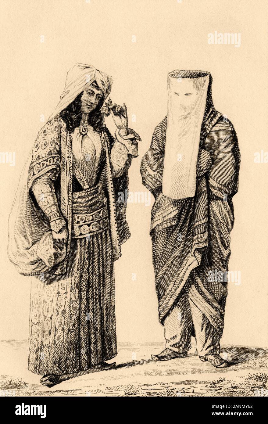 Costumes typical of Persian women, one dressed as the harem and the other with a veil covering her face. Iran. Old steel engraved antique print. Publi Stock Photo