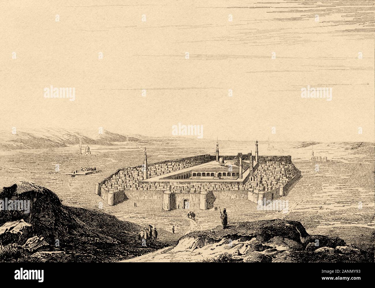 Medina and tomb of the prophet. History of Saudi Arabia. Old engraving published in L'Univers Arabia, in 1841. History of the ancient Arabia Stock Photo