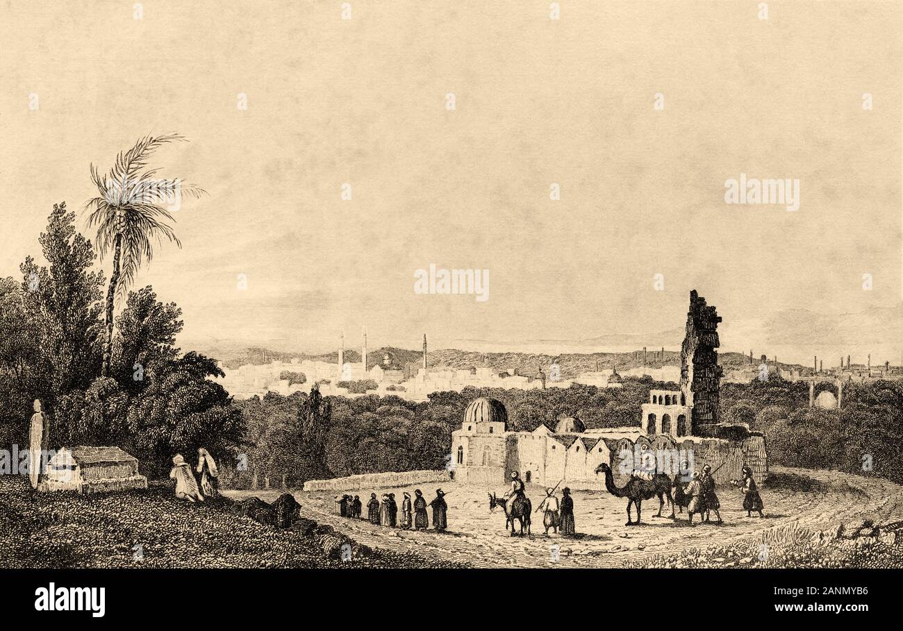 Panoramic of Damascus city. History of Syria. Old engraving published in L'Univers Arabia, in