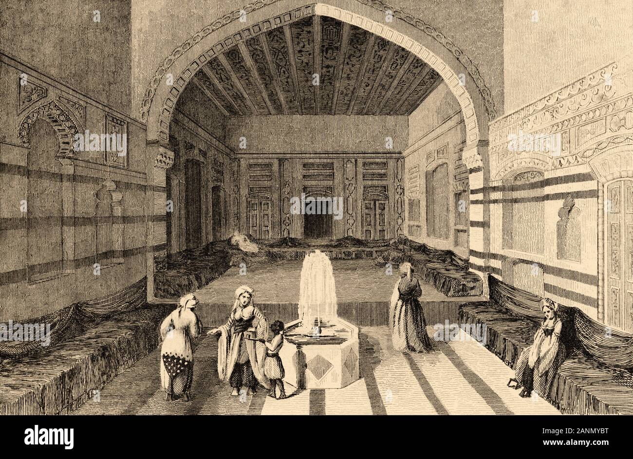 Damascus, interior of a palace. Syria. History of Arabia. Old engraving