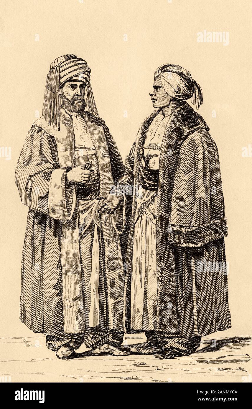 Rulers of Mecca and Medina. Terife of Mecca and Sheikh al Haren, Governor of Medina.  History of Saudi Arabia. Old engraving published in L'Univers Ar Stock Photo